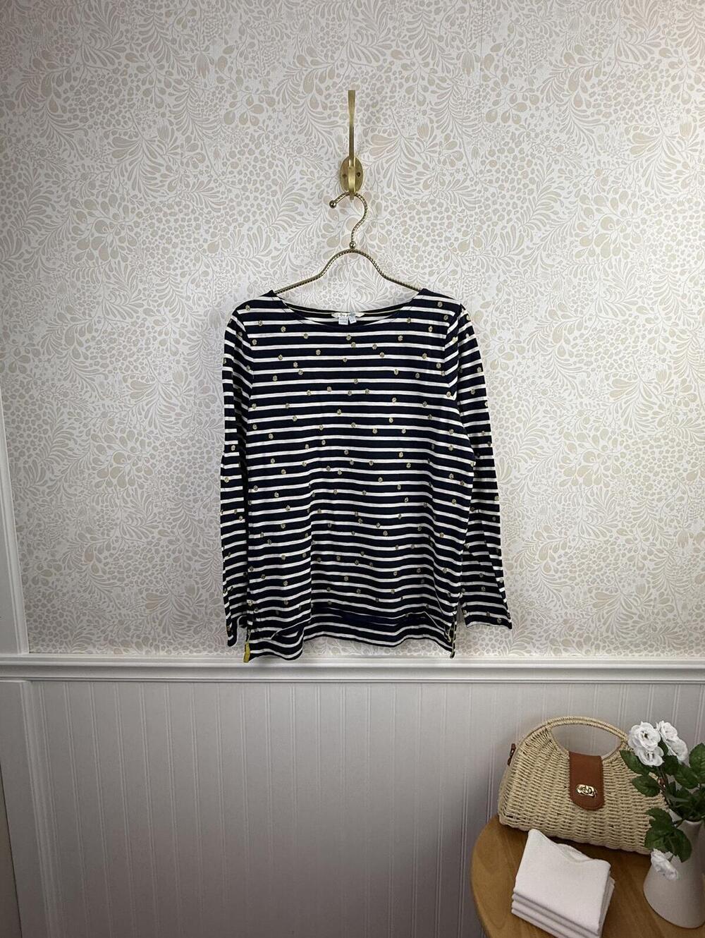 BODEN Navy and White Metallic Dot Striped Long Sleeve Tee - Size - 10